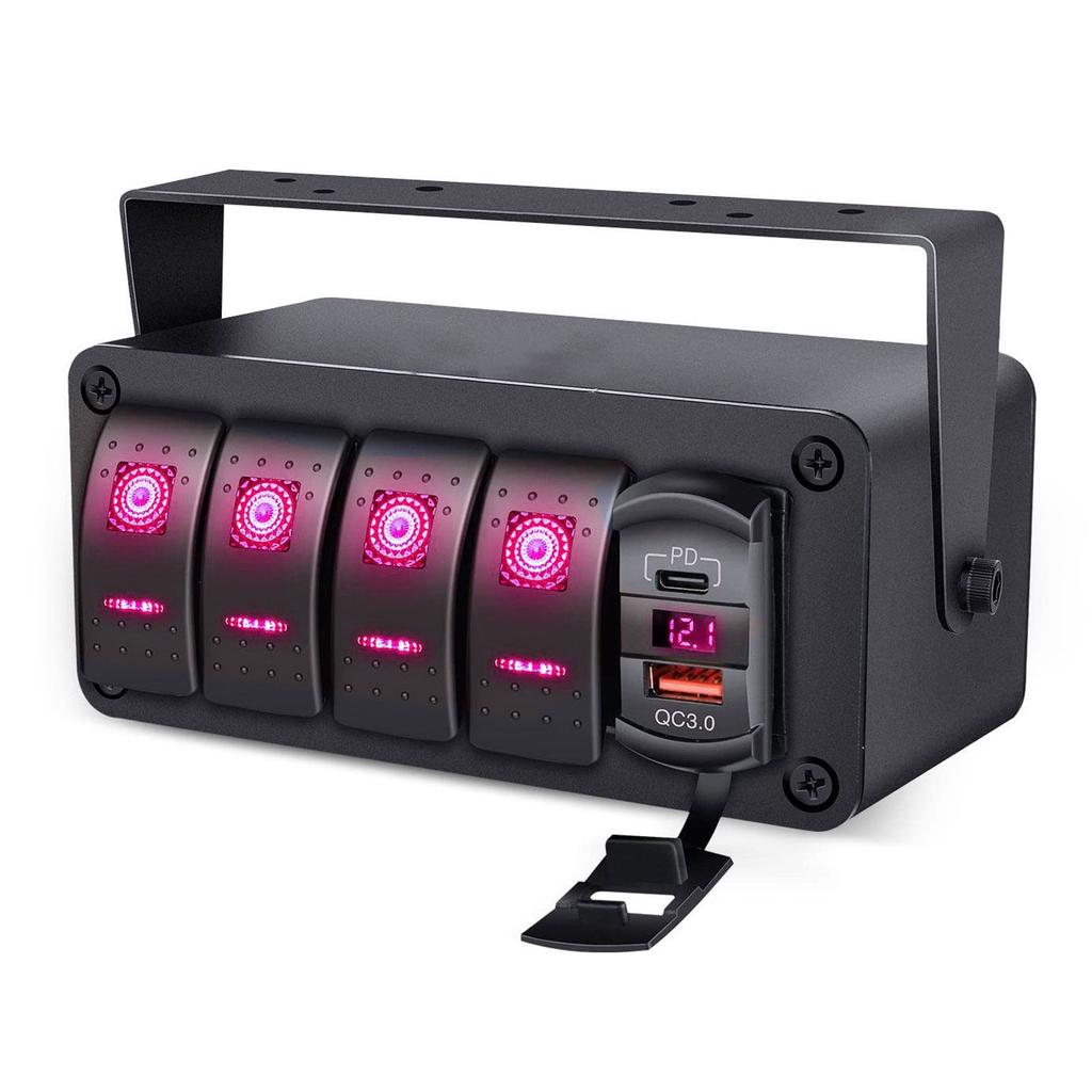 4 Gang Rocker Switch Panel with PD Type C QC3.0 USB Charger Waterproof Universal Fit for Car Truck Boat RV UTV ATV