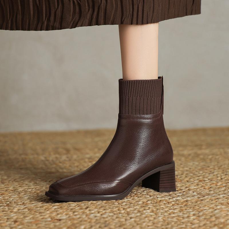 Fashion NEW Autumn Women Boots Square Toe Chunky Heel Shoes Genuine Leather Shoes for Women Knitted Fabric Modern Boots Soft Daily Shoes