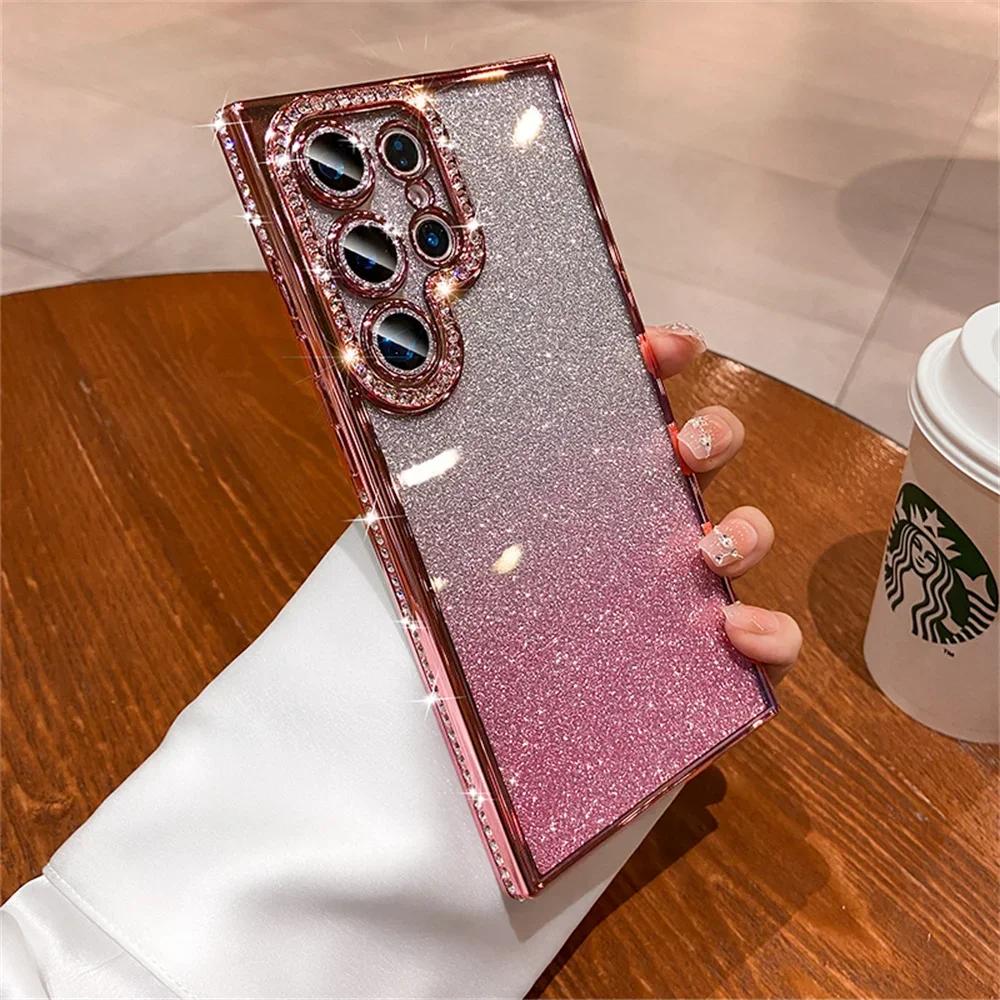 

Luxury Glitter Rhinestone Case For Samsung Galaxy S26 S25 S24 S23 S22 Ultra Plus Bling Crystal Clear Plating Shockproof Cover Galaxy S22 5G рожевий