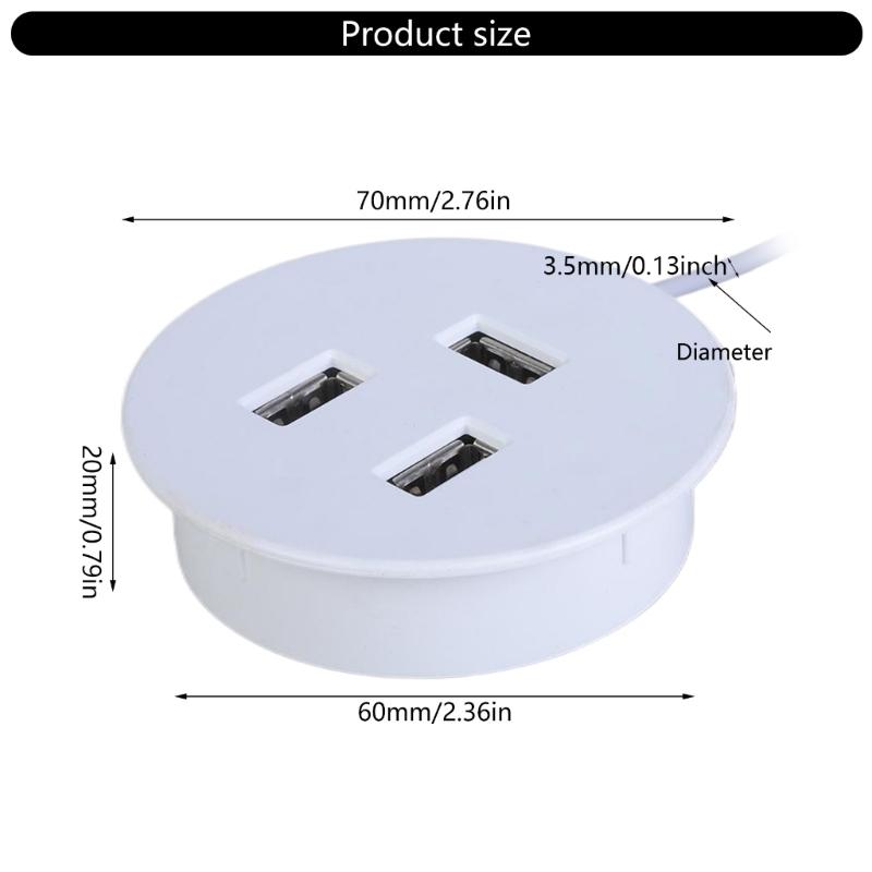 3 Port USB2.0 Hub Mounting Desktop Grommet Hole 60mm Desktop Cable Organizers for Easy Connection of USB Devices