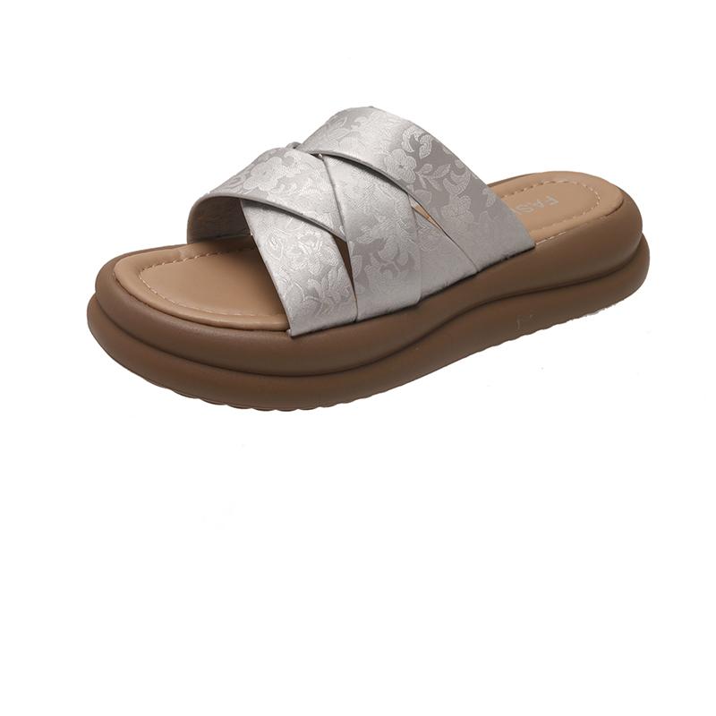 Платформенные шлепанцы Женские Летние Для улицы Новые Круглый носок Открытый носок Перекрещивающиеся ремешки Повседневные Нескользящие Пляжные Шлепанцы 35 серебряный