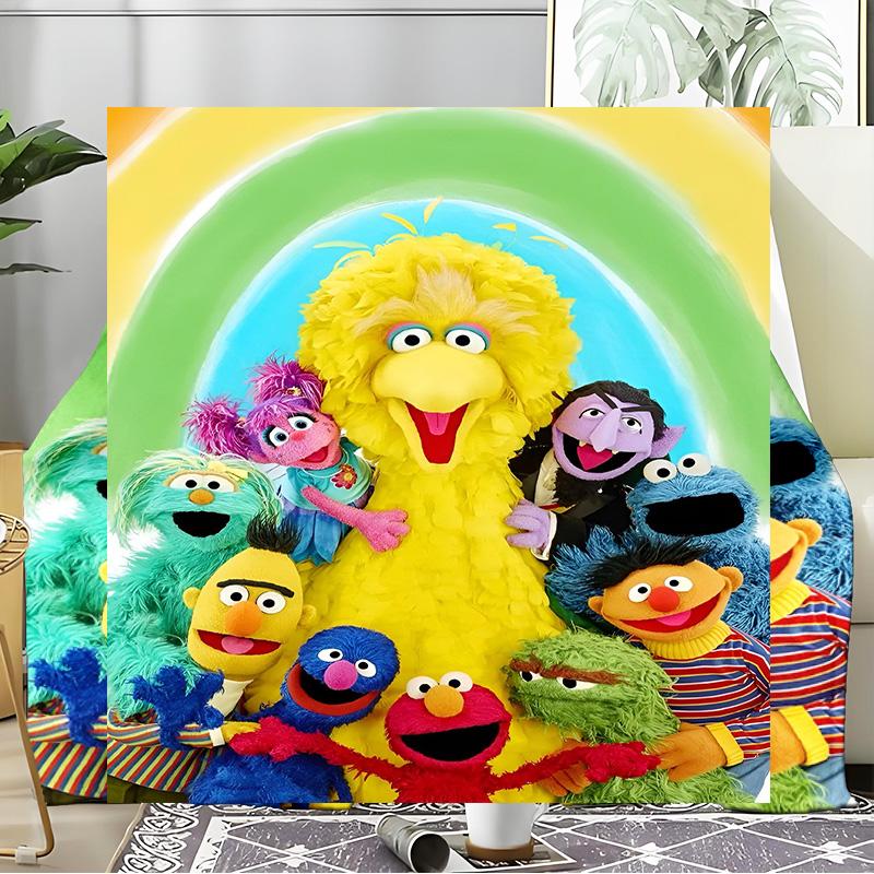 Colorful Sesame Muppets Together Blanket Flannel Throw for Sofa, Indoor, Camping, Living Room, Office, Chair, And Bed Soft Birthday Gift