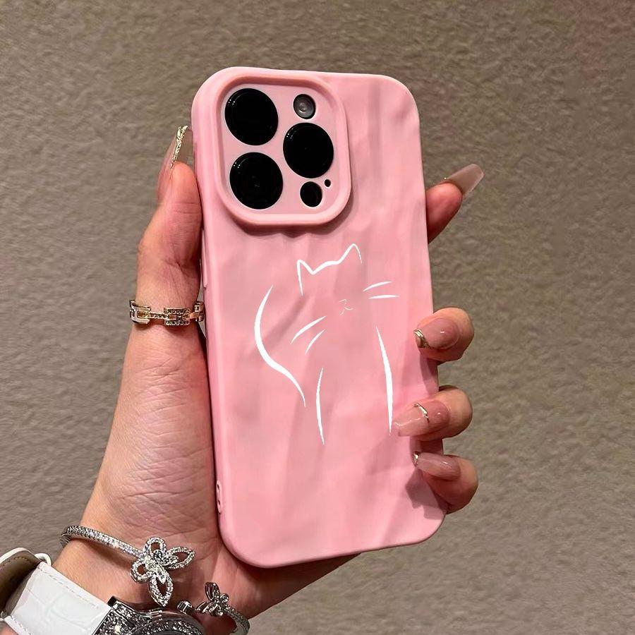 Simple cat iPhone17promax mobile phone case is suitable for Apple 16promax wrinkle 14 matte 15 sets