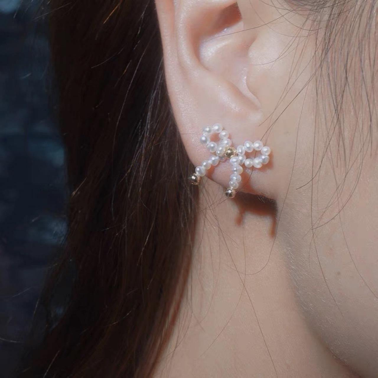 Butterfly Whisper, Bow Natural Freshwater Pearl Stud Earrings Sweet and Small 14K Gold Handmade Women natural freshwater pearl earrings