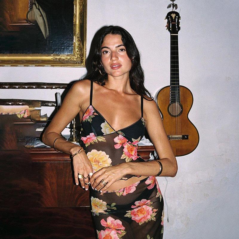 Spring New Women's Fashion Printed Camisole Small Vest See-through Slim Skirt Suit for Women