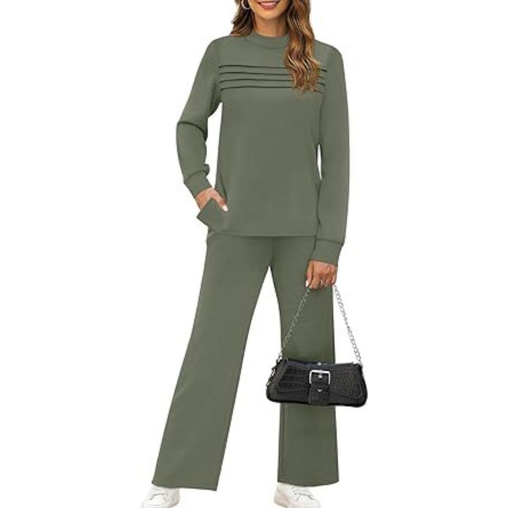 Ensemble de détente ample pour femme Sweatshirt rayé à manches longues et col rond Pantalon large à cordon de serrage