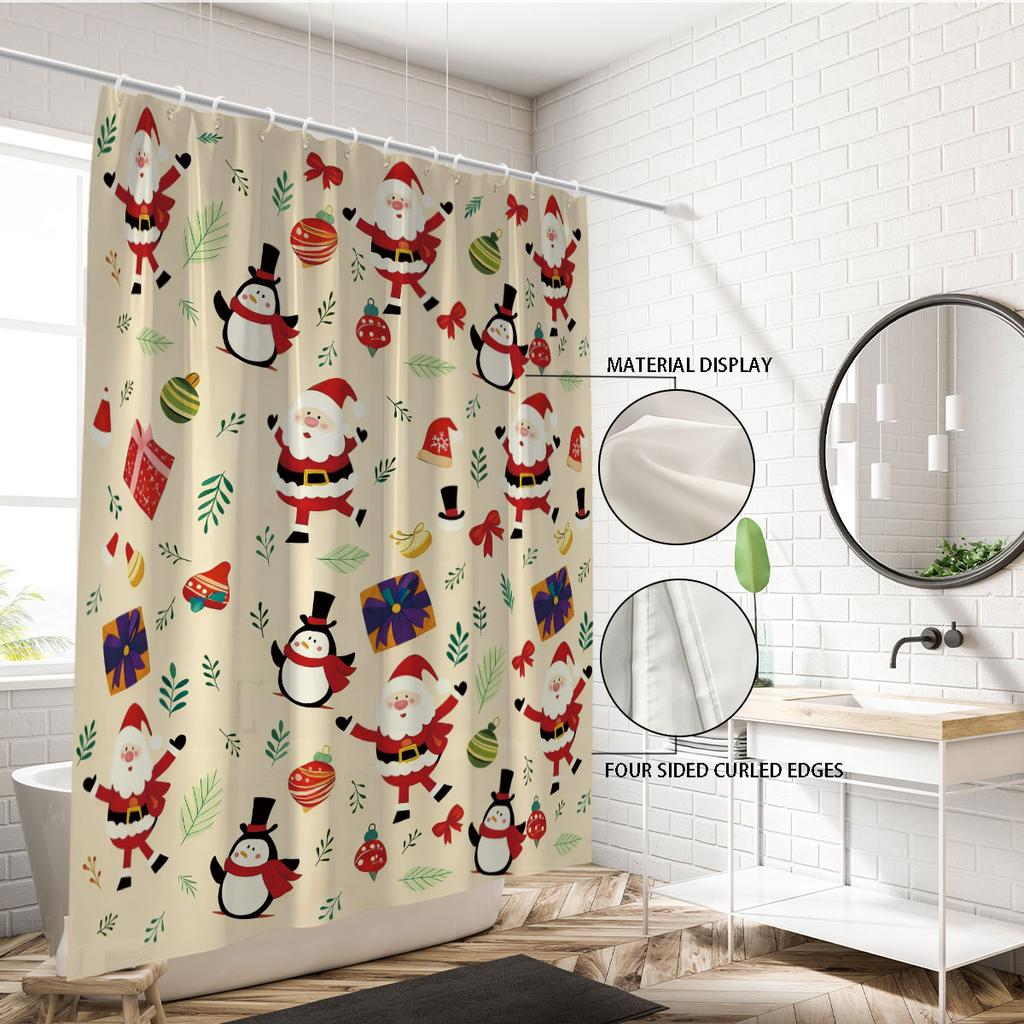 1Pc Santa Claus Printed Waterproof Shower Curtain, Bathroom Partition Privacy, Multiple Sizes, 12 Hooks, Easy To Install