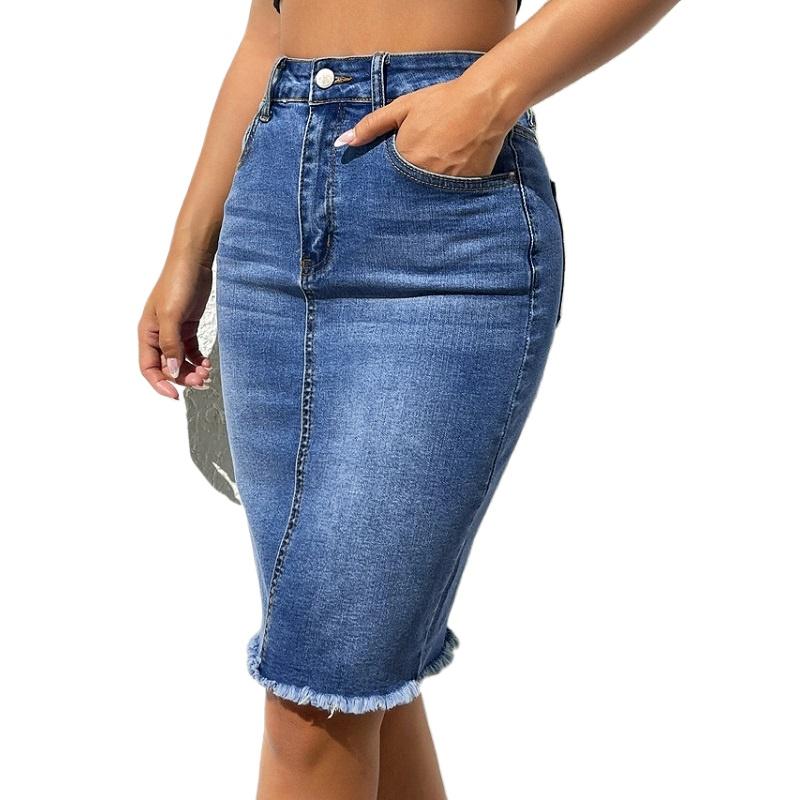 Women High Waist Denim Skirts Ladies Stretch Jeans Knee Length Casual Bodycon Skirt