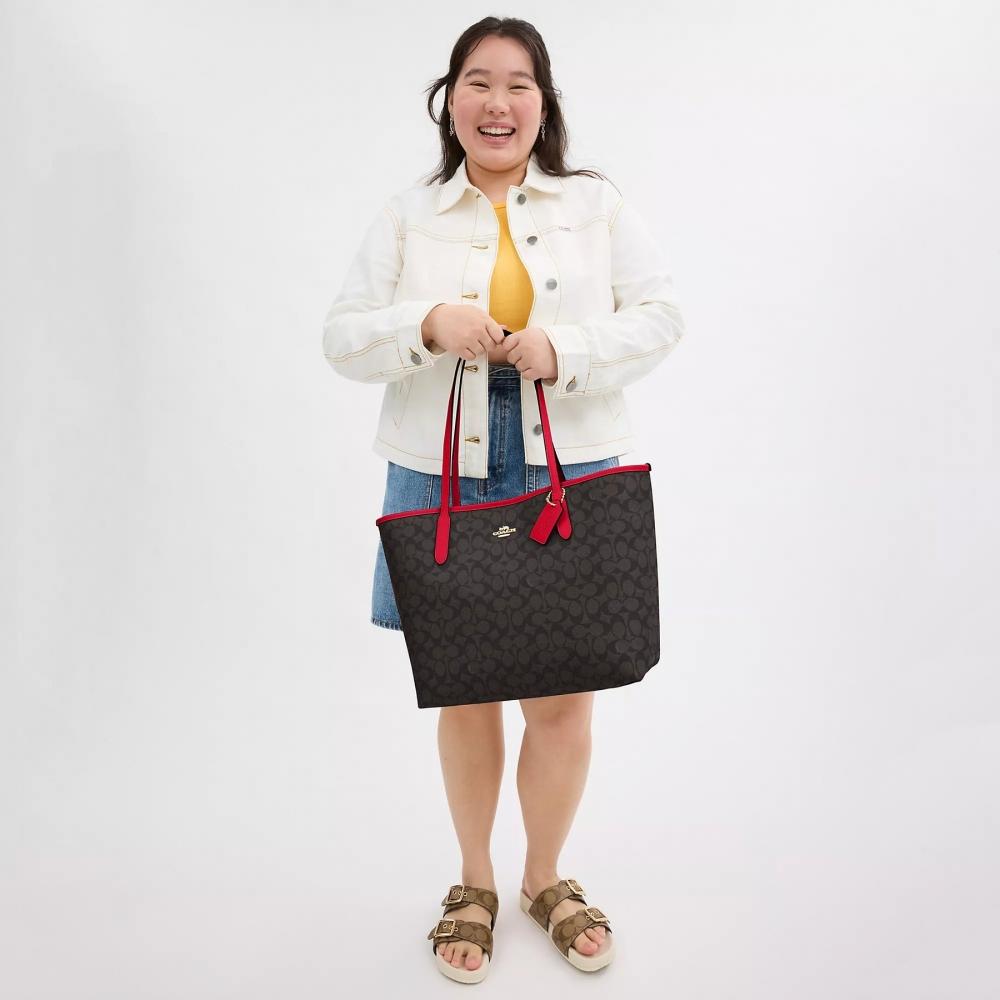 Coach City Tote Bag In Signature Canvas Gold Walnut Black