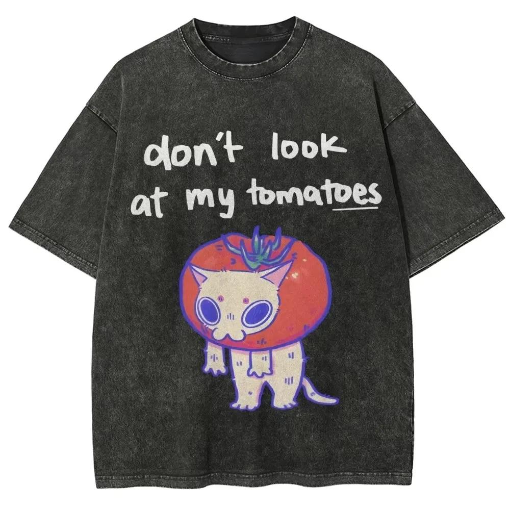 Summer Fun Tomato Cat Print T-shirt Loose High Quality Washed Retro Casual Fashion Men's and Women's Short Sleeves