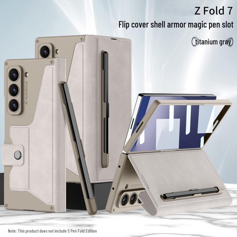 Samsung Z Fold7 Business Style Armor Flip Case with Pen Slot, Card Holder, and Screen Protector.