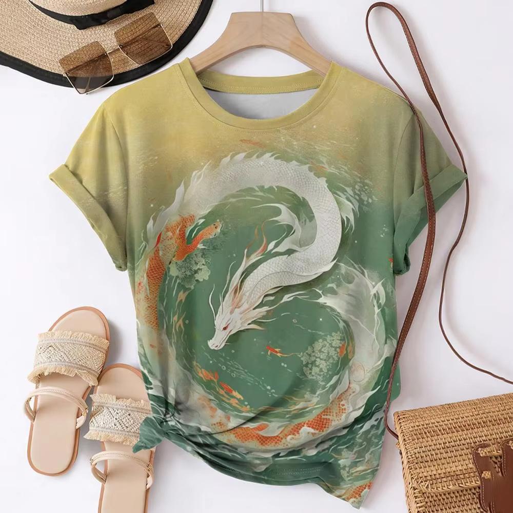 

Summer Round Neck 3D Koi Fish Print Top Fashionable Casual Short Sleeved Women s T-shirts XL