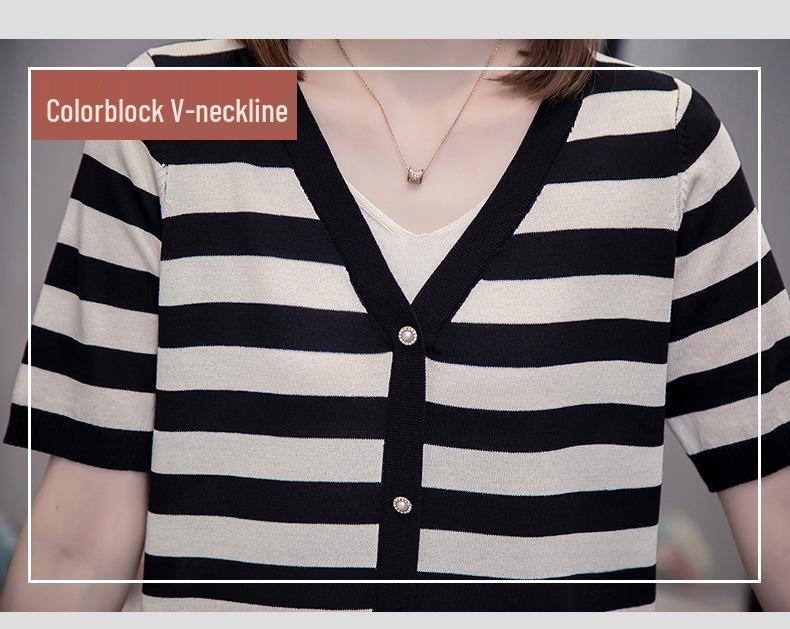 Plus Size Women's Summer Striped V-Neck Two-Piece Ice Silk Knit Top