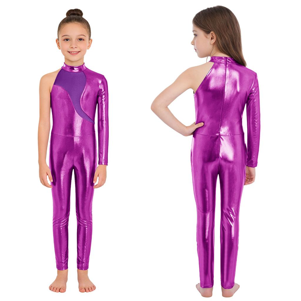 Girls Stage Performance Jumpsuit: Asymmetrical Metallic Mock Neck Mesh Patchwork Back Invisible Zipper Bodysuit Dancewear