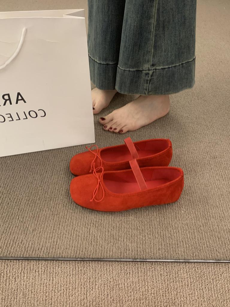French Flat Bottom Square Head Bow Dopamine Flat Bottom Mary Jane Not Tired Feet Soft Bottom Suede Ballet Single Shoes Women
