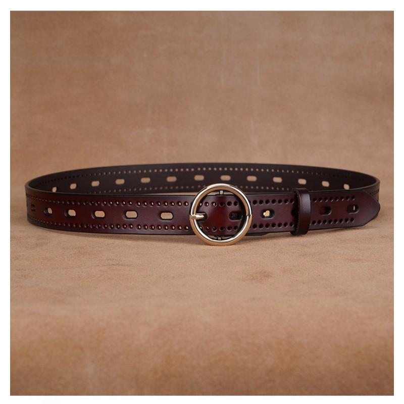 Womens Genuine Leather Belt With Cutout Design Slim Waistband Jeans Black Coffee Color Alloy Buckle 2-4cm Width