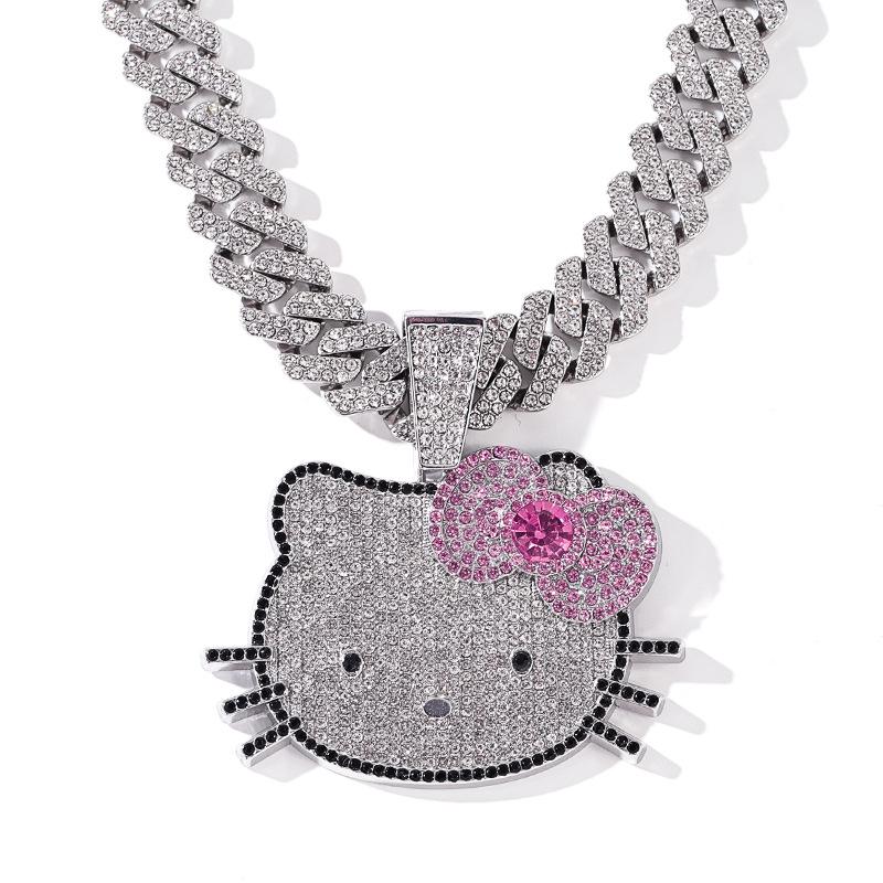 3D Animal Cat Pendant Cuban Chain Necklace with Full Diamond Zinc Alloy and Drip Oil Finish for Hip Hop Enthusiasts