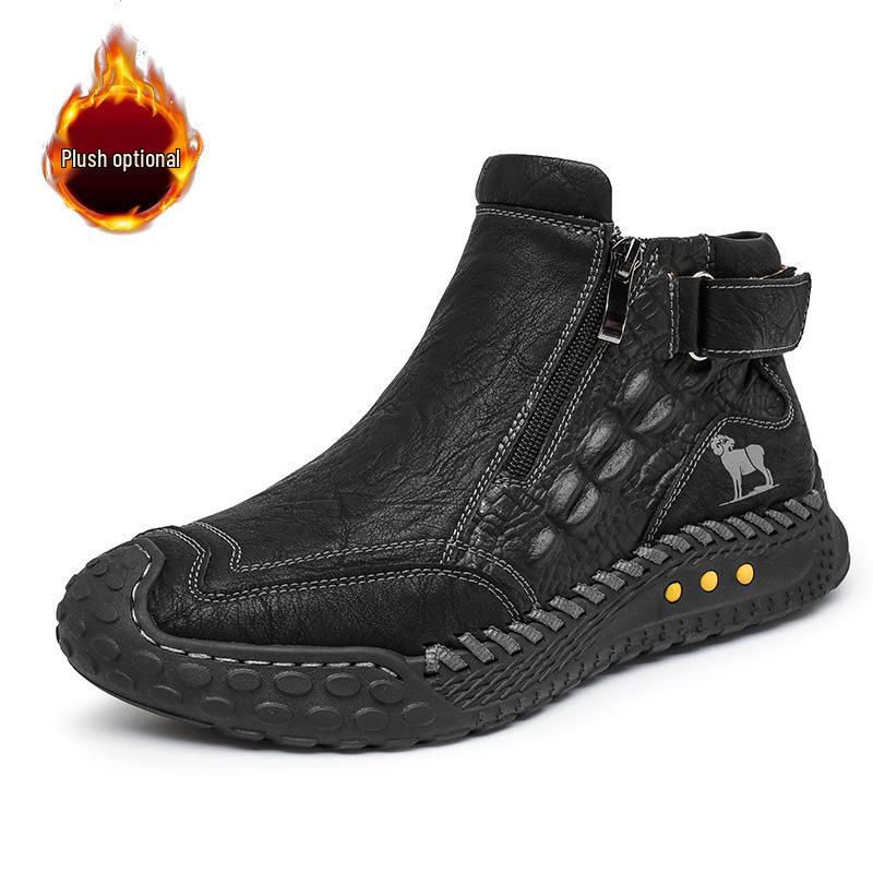Men s Outdoor Leather Mid-Top Boots - Winter Cotton-Insulated Hiking & Combat Footwear 44
