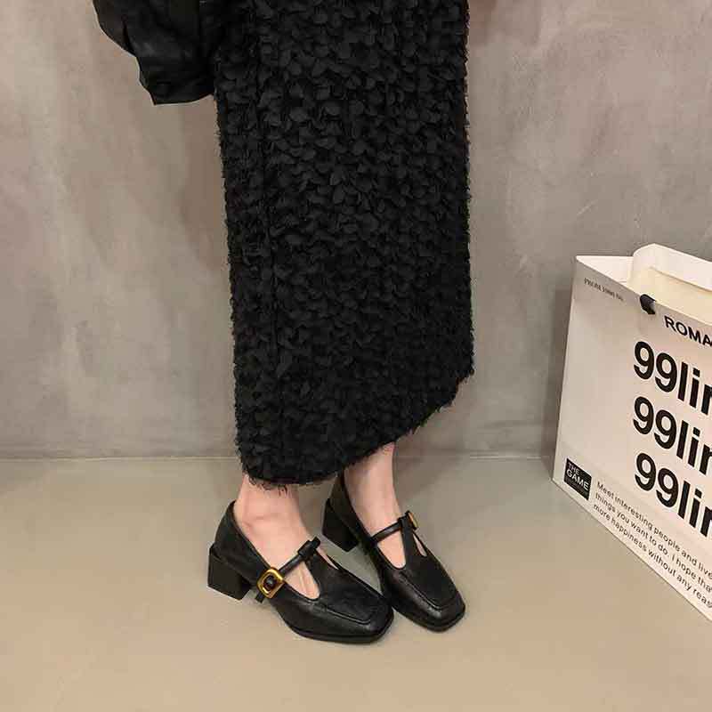 French retro square head thick heel single shoes female spring and autumn new evening wind Korean version fairy high heels Mary Jane small leather sh