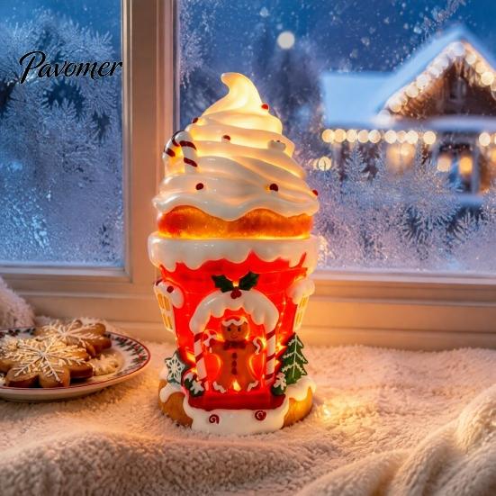 Illuminated Miniature Village House Lighted Ice Cream Christmas Figurine, Candy Gingerbread Decor with LED Whimsical Cabin Ornament Light, Warm Light