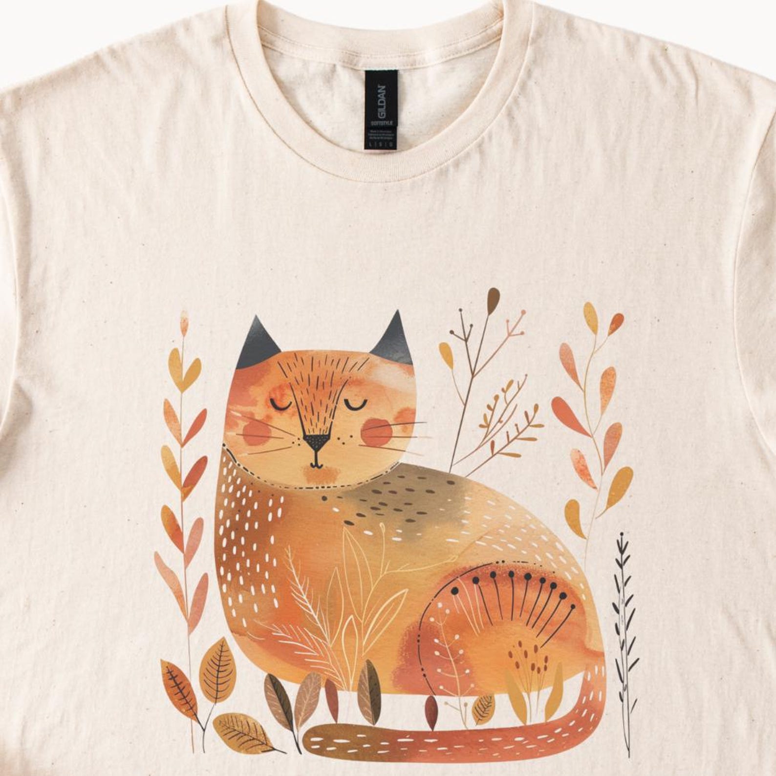 Folk Cat T-Shirt, Aesthetic Animal Graphic Tee, Cat Design Shirt, Autumn Colors Cat T-Shirt, Whimsical Cat Shirt 110