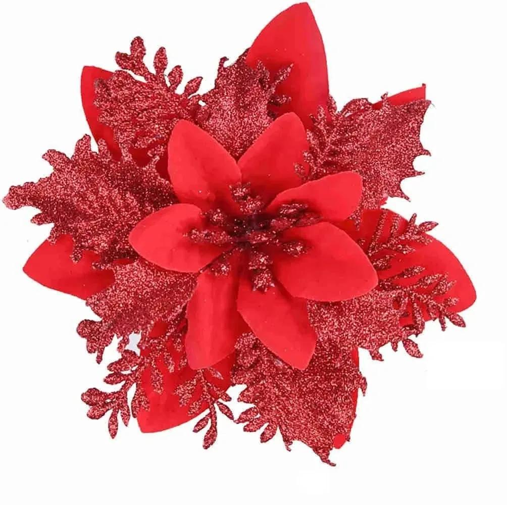 10 Stück Weihnachtsglitzerblumen Kunstblume Weihnachtsbaumschmuck für Zuhause 2025 Baumanhänger Ornamente Navidad