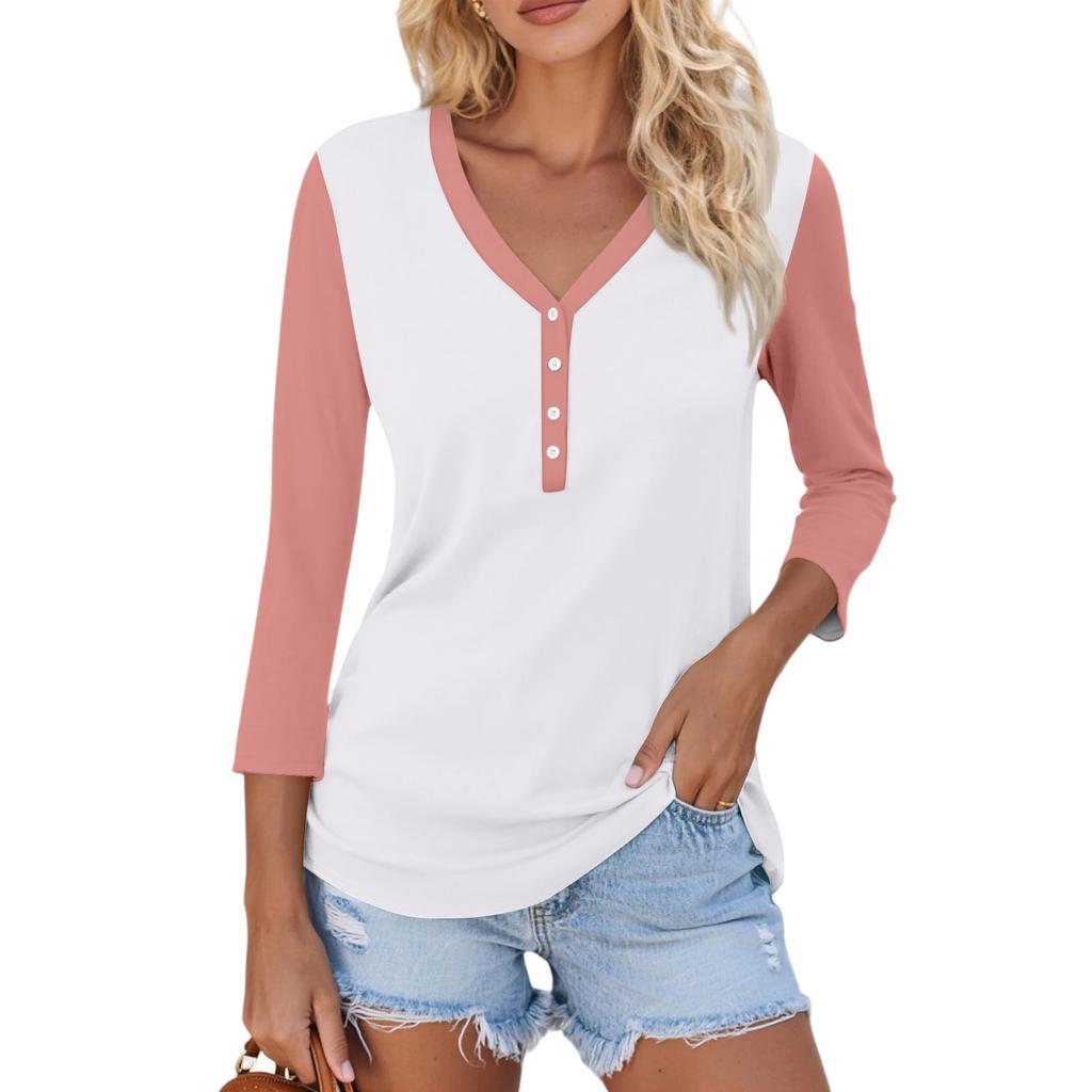 Women's Casual Fashion Sexy Comfortable V-neck Button Stitching Color Three-quarter Sleeve Top