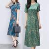 Women's Clothing Elegant A-Line Midi Dress Vintage Broken Flowers Summer Short Sleeve Fashion Folds Casual Round Neck Dresses