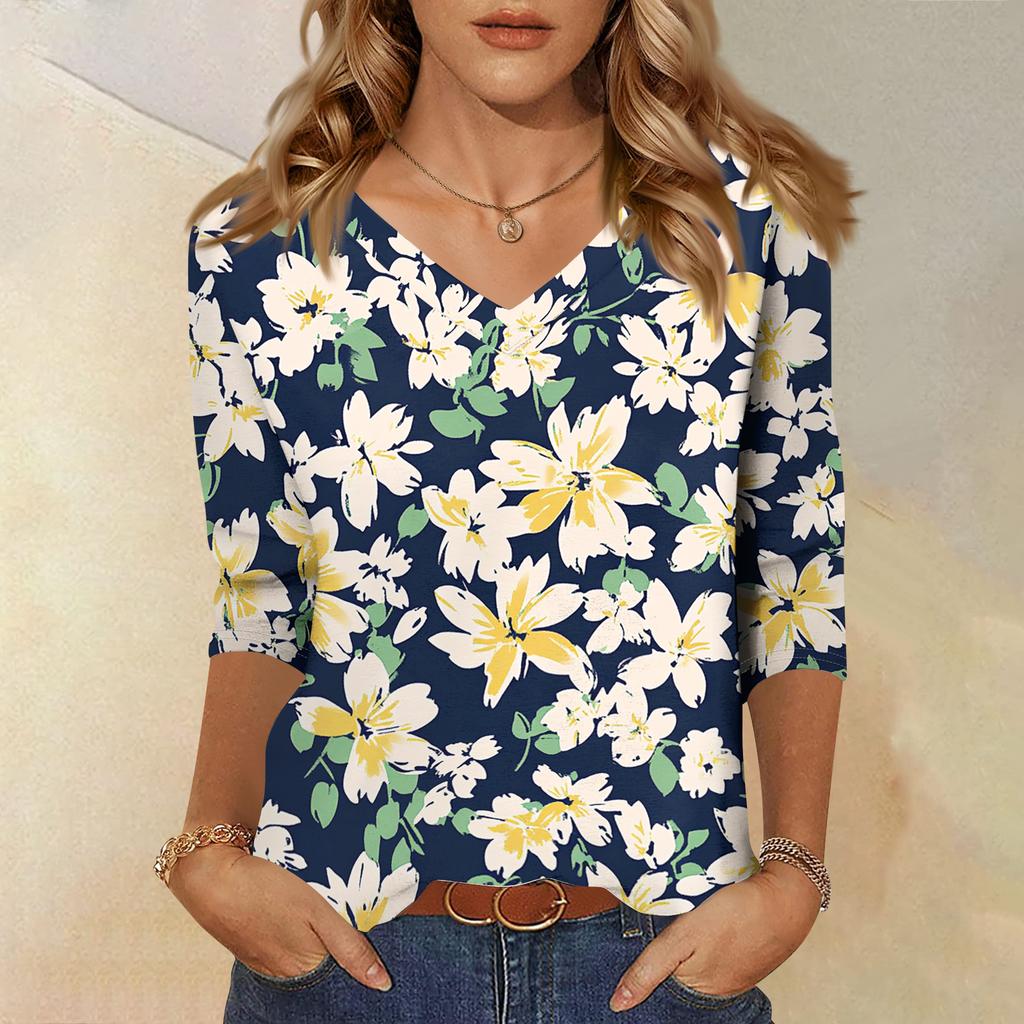 V Neck Floral Print Long Sleeve Shirts for Women Casual Womens Long Sleeve Tops Comfortable Long Sleeve T Shirt Women