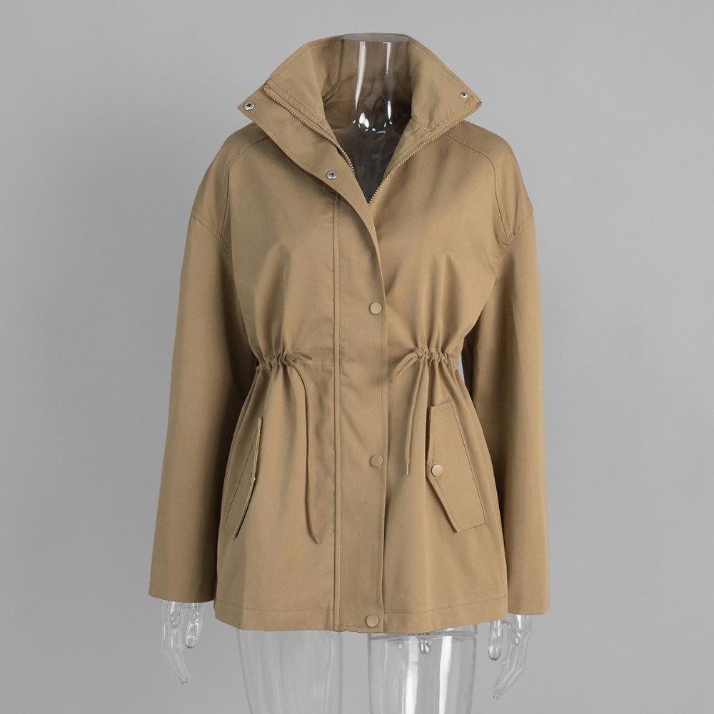 Women's Stand Collar Mid Length Trench Coat Drawstring Waist Solid Color 100 Cotton Windbreaker Jacket