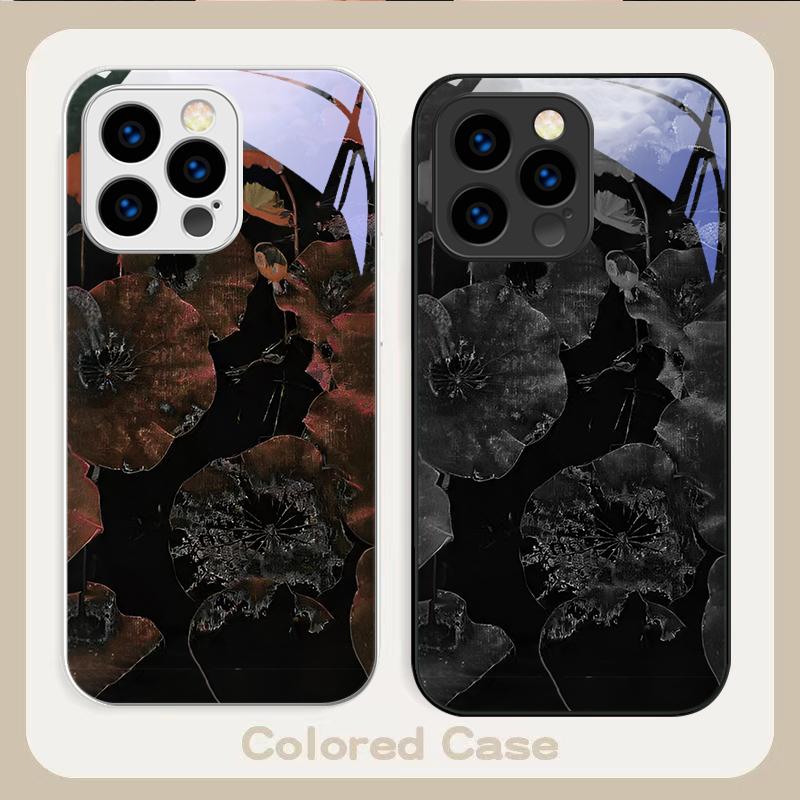 Light luxury lotus leaf For iPhone 16 E 15 14 13 Plus 12 mini 11 Pro Max XR Xs Max X 7 8 P lus 6 6S 22 Tempered Glass Phone Case