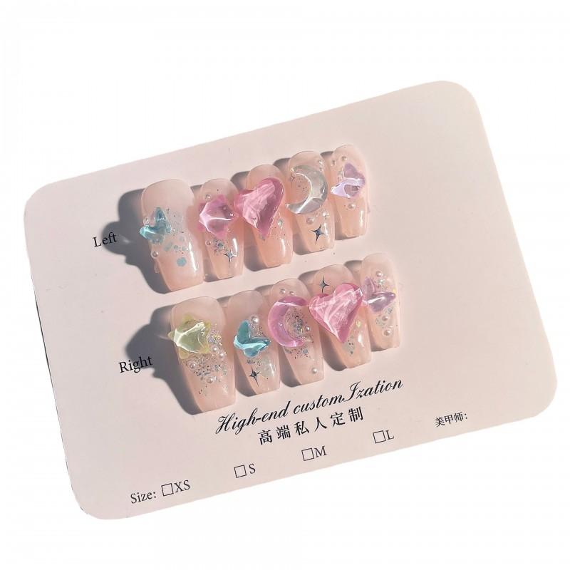 Handmade Press-On Nails Sweet Candy Color Ice-Transparent Mocha Rhinestone Nail Tips Women
