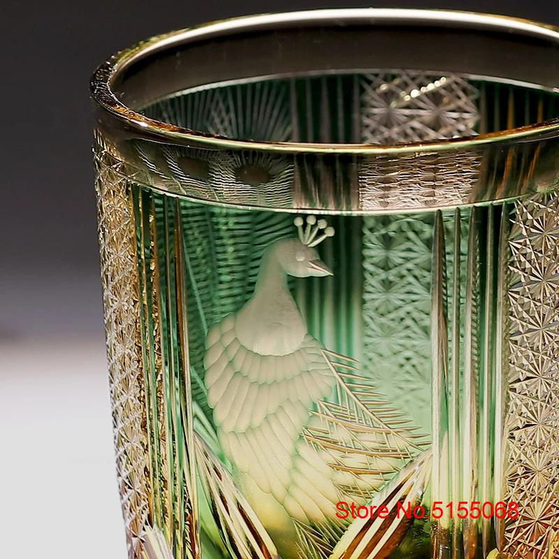 Bicchiere da Vino di Lusso Stile Giapponese Edo Kiriko Verde Blu Cristallo Bicchiere da Whisky Incisione a Mano Pavone Bicchiere da Whisky