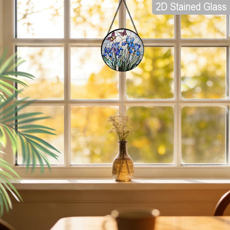 2D Flat Stained Glass Flower Window Decoration Colored Glass Plate, 7.87inches Hanging Ornament with Chain, Charming Spring Summer Sun Catcher Home