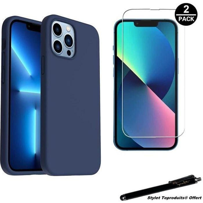 Coque de protection - toproduits® - iphone 13 pro max - bleu - 2 verres trempés - résistant aux rayures