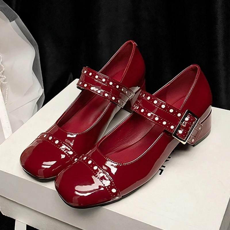 Fashion High Quality Patent Leather Woman Pumps Mary Jane Shoes Japanese Style Lolita Ankle Buckle Square Toe High Heels Zapatos Mujer
