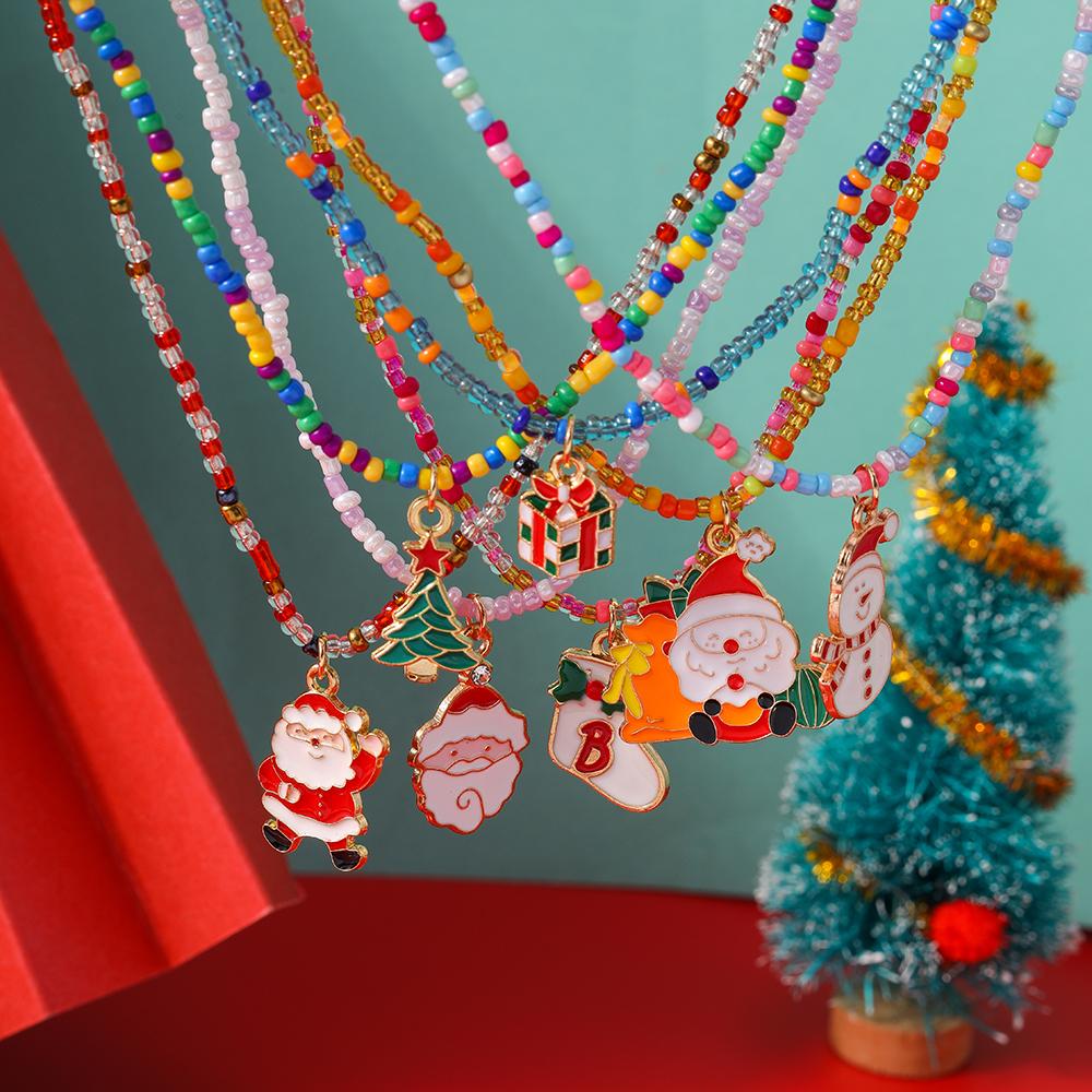 1/7pcs Christmas Necklaces for Women Girls X'mas Tree Santa Claus Snowman Beads Necklace Pendant New Year Jewelry Gift