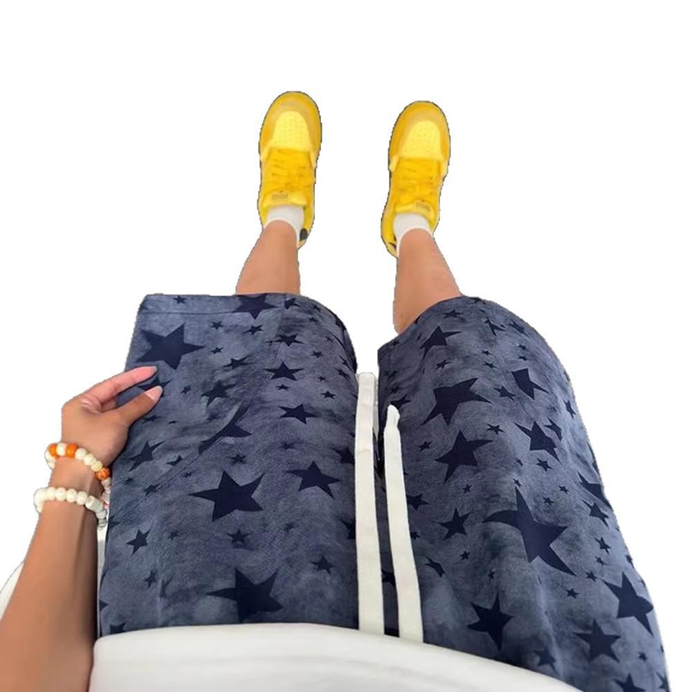 Tie-dye five-pointed star sports shorts men's summer American wide-leg loose outer wear five-point pants trendy straight casual pants