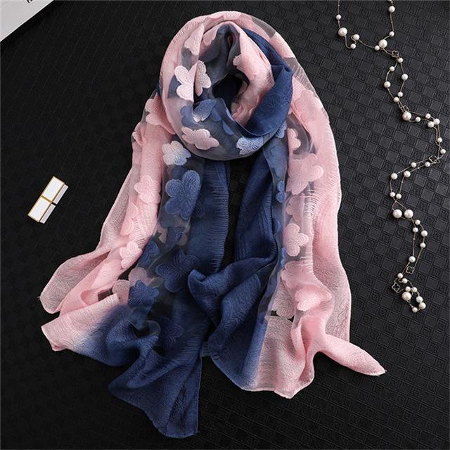 Double-Color Matching Women Scarf 70*190 Cm Female Fashion Cut Flower Hollow Petal Imitation Silk Wool Scarf Versatile Scarf