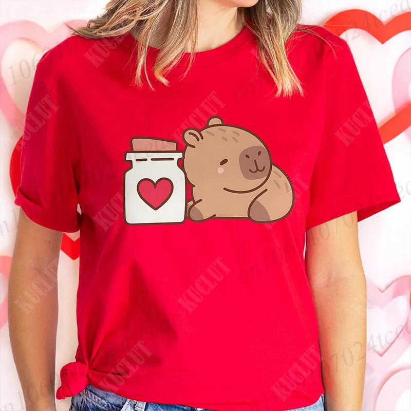 Love Heart Capybara Female Clothing Casual Tshirt Women Summer Harajuku Shirts Cute Graphic Tops Fashion Valentines Day Tees