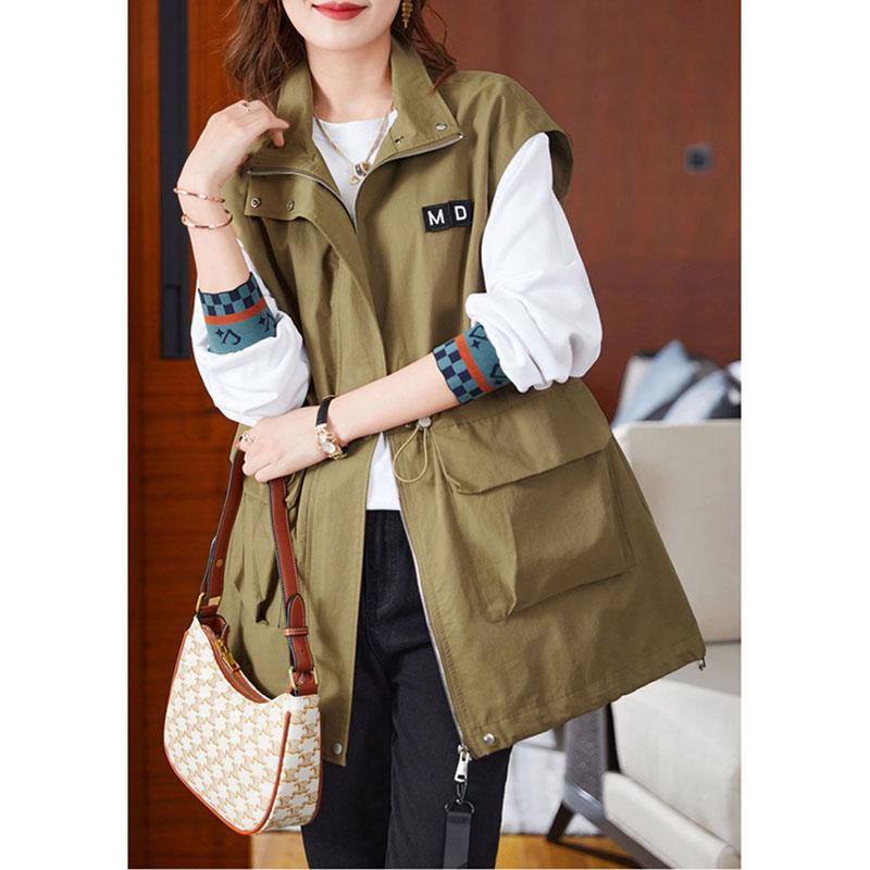 Lässige Khaki Damenweste Übergröße Futter Ärmellose Jacken Frühling Sommer Reißverschluss Basic Weste Damen Oberbekleidung