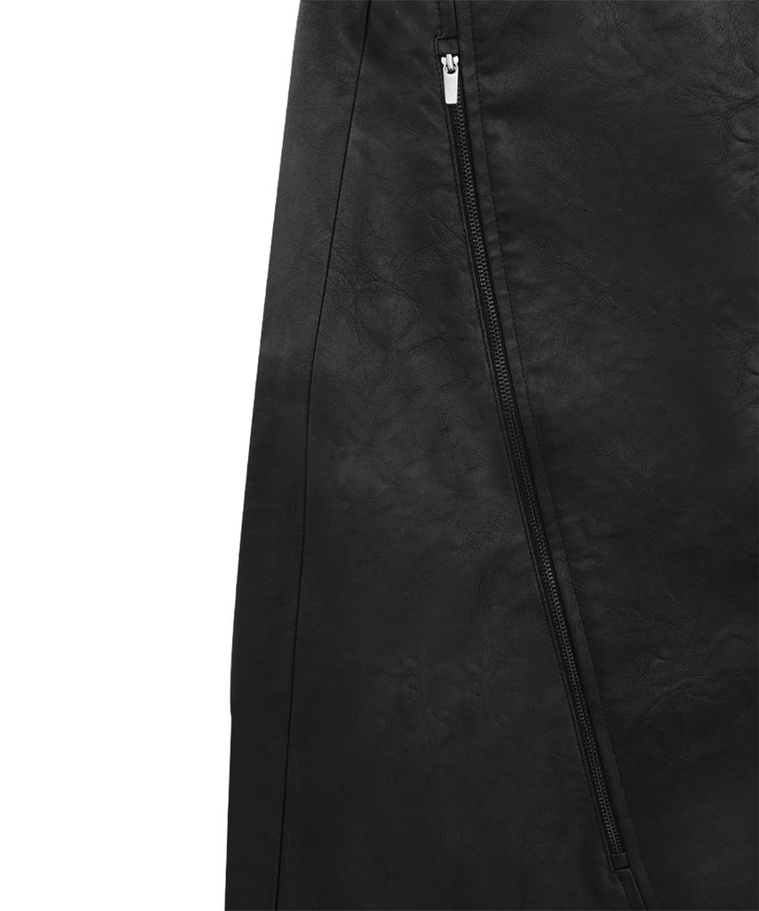 Teulimingbeodeu Oblique Zipper Leather Set-Up Pants [ Black ]