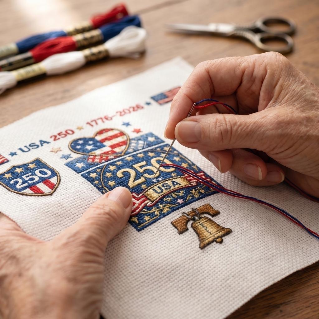 USA 0th Anniversary Cross Kit, 1776-2026 Patriotic Stamped Embroidery Kit For Beginners, DIY Needlepoint Set With Flag Bell Patterns, Threads