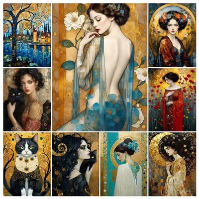 5D DIY Diamantmalerei Kunst Gustav Klimt Katze und Frau Diamantmosaik Voll Diamant Heimdekoration Geschenk