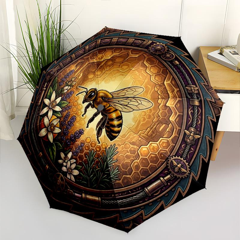 Bee Honeycomb Garden Emblem pattern umbrella, portable and foldable design, 8 ribs, a casual accessory for Halloween, Christmas, and birthday gifts.