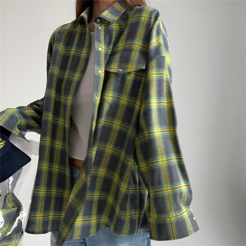 Fashion Retro Plaid Loose Long Sleeve Shirt Shirt Women Oversize Blouse Shirt Women
