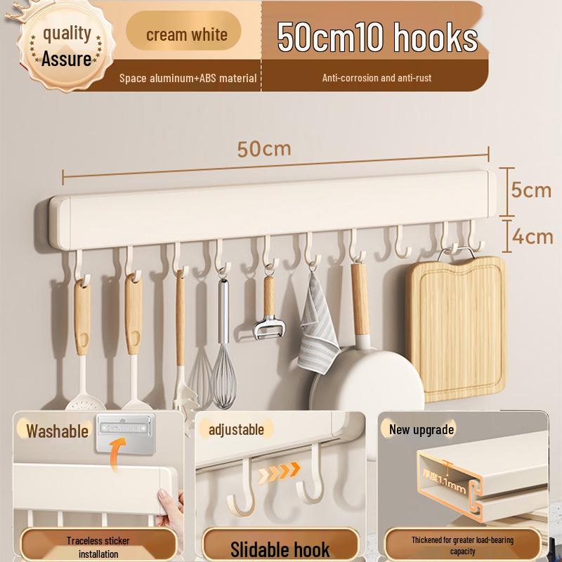 No-Drill Wall-Mounted White Kitchen Hook Rack for Pots, Lids, and Utensils
