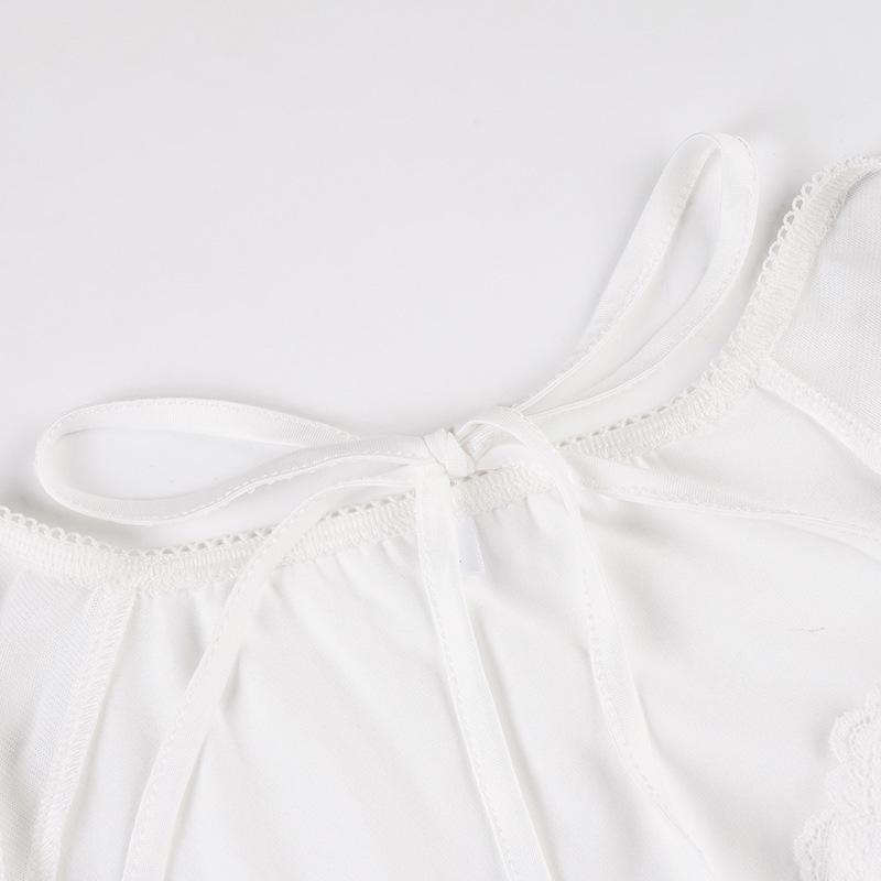 Spicy Girl Mesh Patchwork White Two-Piece Style Ruffle Trim Sheer Long Sleeve Top