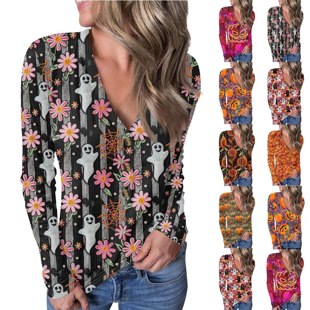 Lässiger Pullover mit V-Ausschnitt und Halloween-Print für Damen