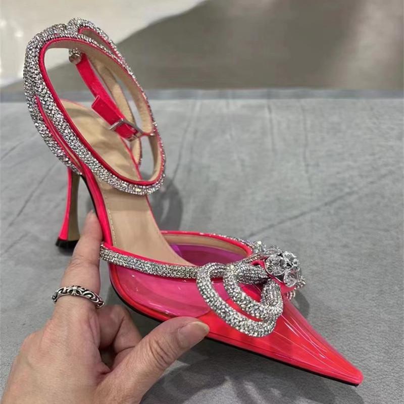 Runway-Stil Glitzer Strass Damen Pumps Kristall Schleife Satin Sommer Damenschuhe Echtes Leder High Heels Party Prom Schuhe